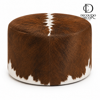 Puff Redondo Hereford Marrom e Branco em Couro Bovino Natural