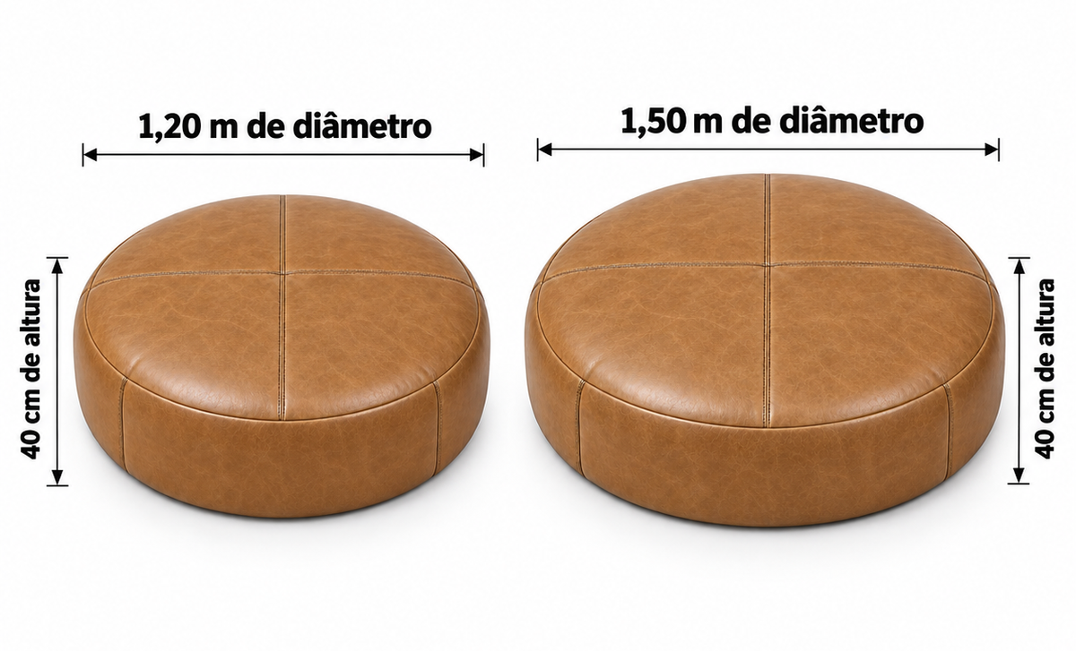Comparativo do Puff Redondo Gigante Caramelo Mel: 1,20 m e 1,50 m de diâmetro, ambos com 40 cm de altura