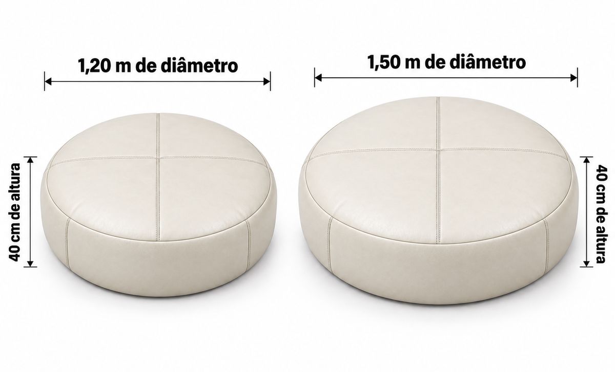 Comparativo do Puff Redondo Gigante Marfim: 1,20 m e 1,50 m de diâmetro, ambos com 40 cm de altura