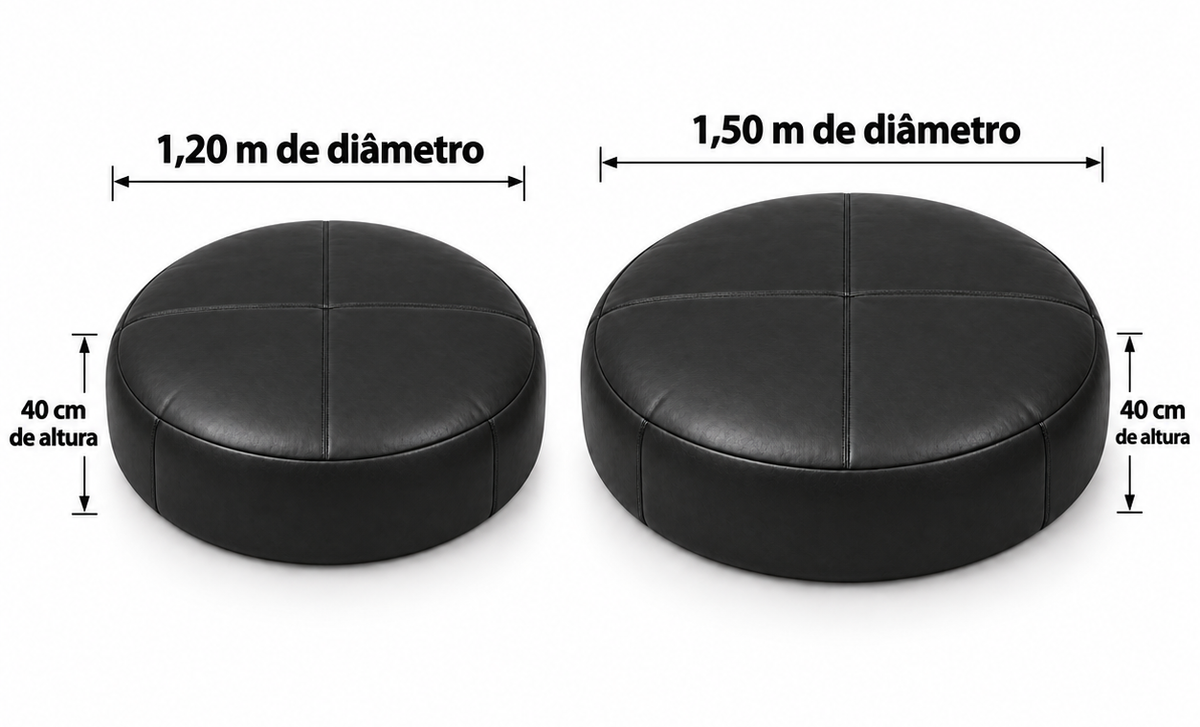 Comparativo do Puff Redondo Gigante Preto: 1,20 m e 1,50 m de diâmetro, ambos com 40 cm de altura