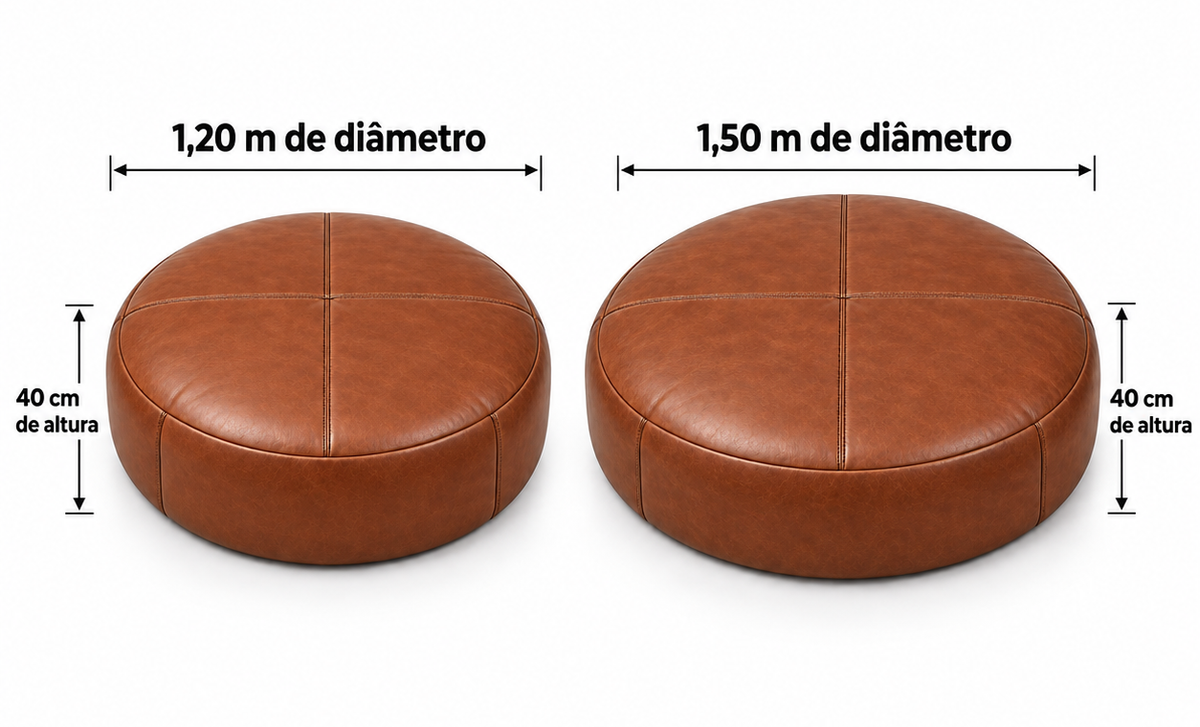 Comparativo do Puff Redondo Gigante Terracota: 1,20 m e 1,50 m de diâmetro, ambos com 40 cm de altura