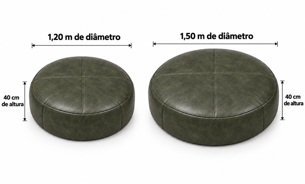 Comparativo do Puff Redondo Gigante Verde Oliva: 1,20 m e 1,50 m de diâmetro, ambos com 40 cm de altura