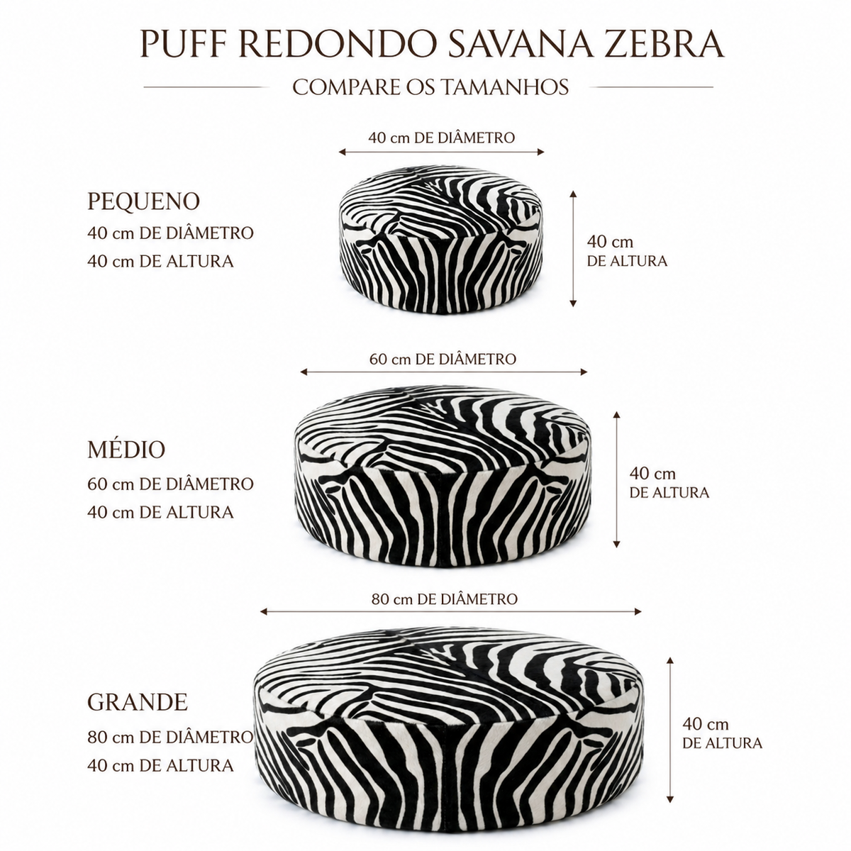 Comparativo dos puffs redondos Savana Zebra pequeno, médio e grande: 40, 60 e 80 cm de diâmetro, todos com 40 cm de altura