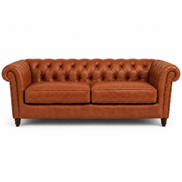 Sofá Inglês Chesterfield Terracota em Couro Bovino Natural Legítimo 2, 3 ou 4 Lugares — versão 2 Lugares