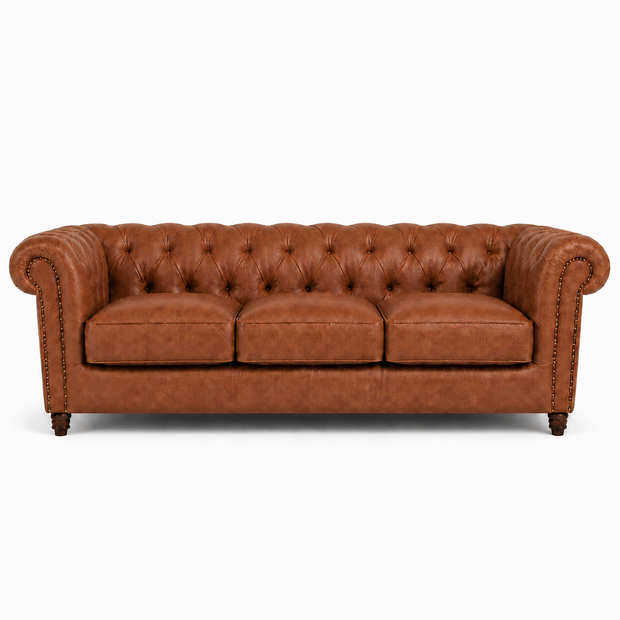 Sofá Inglês Chesterfield Terracota em Couro Bovino Natural Legítimo 2, 3 ou 4 Lugares — versão 3 Lugares