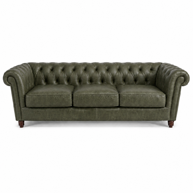 Sofá Inglês Chesterfield Verde Esmeralda em Couro Premium (Texturizado) 2, 3 ou 4 Lugares — versão 3 Lugares