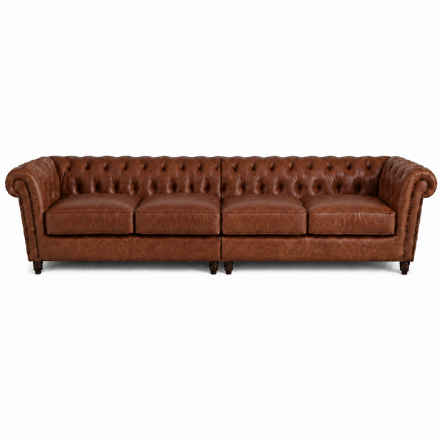 Sofá Inglês Chesterfield Tabaco em Couro Premium (Texturizado) 2, 3 ou 4 Lugares — versão 4 Lugares (Sofá Bipartido)