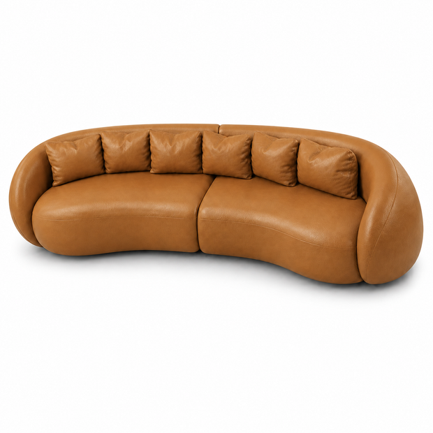 Sofá Orgânico Curvo Caramelo em Couro Legítimo Texturizado — 220, 260 ou 300 cm — versão 260 cm — Bipartido (2 módulos de 130 cm) + 6 Almofadas de Brinde