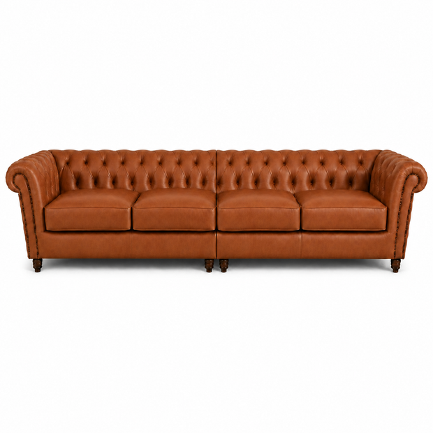 Sofá Inglês Chesterfield Terracota em Couro Bovino Natural Legítimo 2, 3 ou 4 Lugares — versão 4 Lugares (Sofá Bipartido)