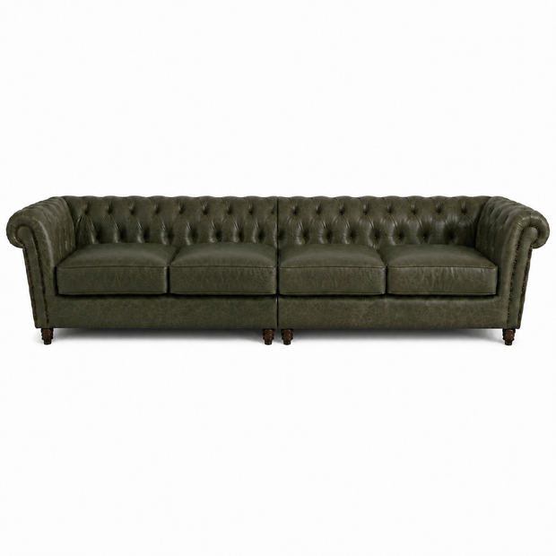 Sofá Inglês Chesterfield Verde Esmeralda em Couro Premium (Texturizado) 2, 3 ou 4 Lugares — versão 4 Lugares (Sofá Bipartido)