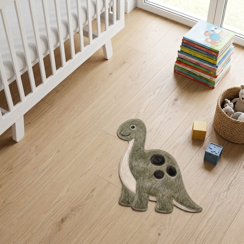Tapete Dinossauro de couro natural em quarto montessoriano