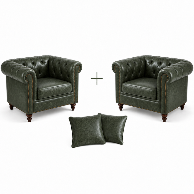 Poltrona Inglesa Chesterfield Verde Esmeralda em Couro Premium (Texturizado) — versão 2 Poltronas + 2 Almofadas