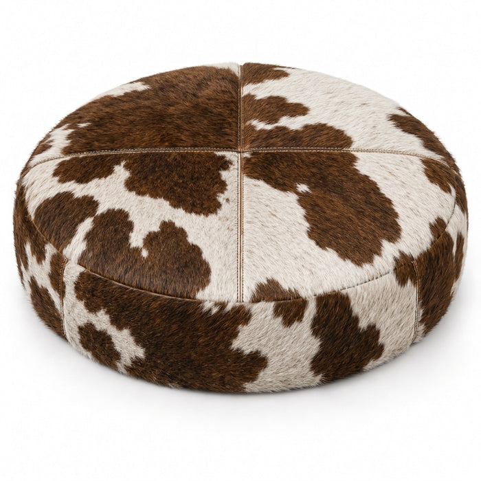 Puff Redondo Gigante em Couro Bovino Natural Marrom e Branco — 1,20 ou 1,50 m