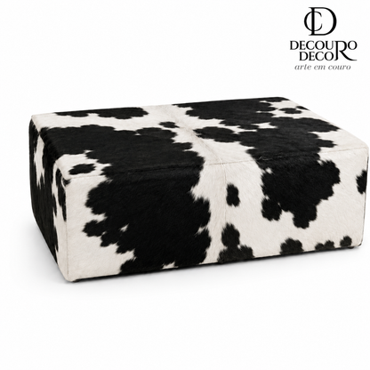 Puff Premium Retangular em couro bovino natural preto e branco malhado - DECOURO