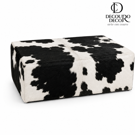 Puff Premium Retangular em couro bovino natural preto e branco malhado - DECOURO