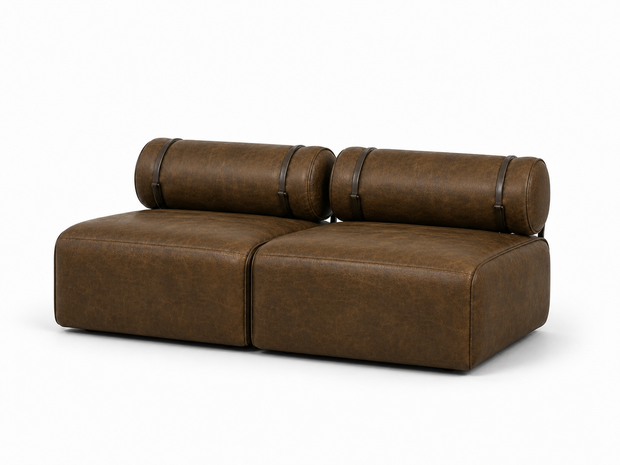 Poltrona / Sofá Modular Roll Pinhão em Couro Natural — 1, 2 ou 3 Módulos — versão 2 Módulos — 190 × 100 × 81 cm