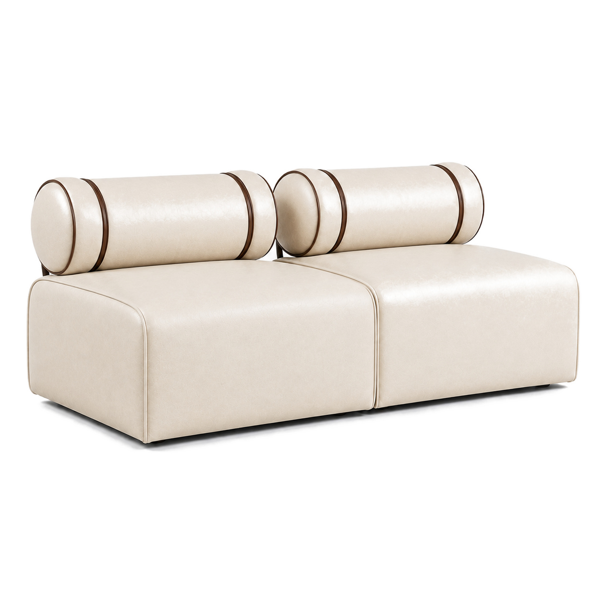 Sofá Modular Marfim com 2 módulos acoplados, em fundo branco — encosto rolô com cinta em couro contrastante