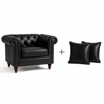 Composição Poltrona Chesterfield Preto Grafite + 2 almofadas em couro da mesma cor