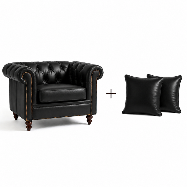 Poltrona Inglesa Chesterfield Preto Grafite em Couro Bovino Natural Legítimo — versão Poltrona + 2 Almofadas