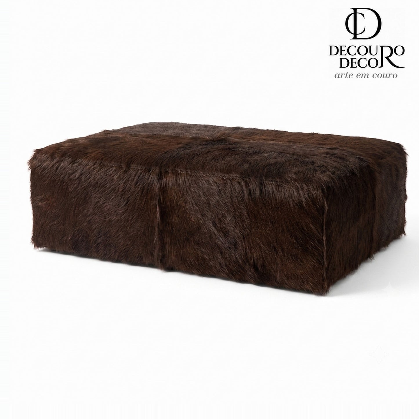 Puff de Couro Bovino 100% Natural Retangular Café Pelo Longo Tamanho Extra Grande 1.20m x 80cm x 40cm