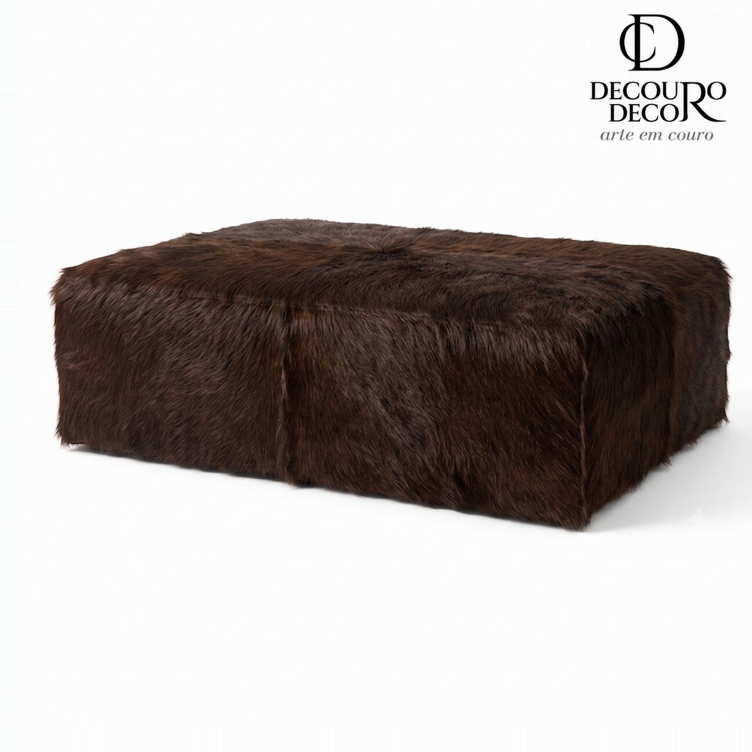 Puff de Couro Bovino 100% Natural Retangular Café Pelo Longo Tamanho Extra Grande 1.20m x 80cm x 40cm