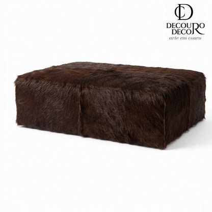 Puff de Couro Bovino 100% Natural Retangular Café Pelo Longo Tamanho Extra Grande 1.20m x 80cm x 40cm