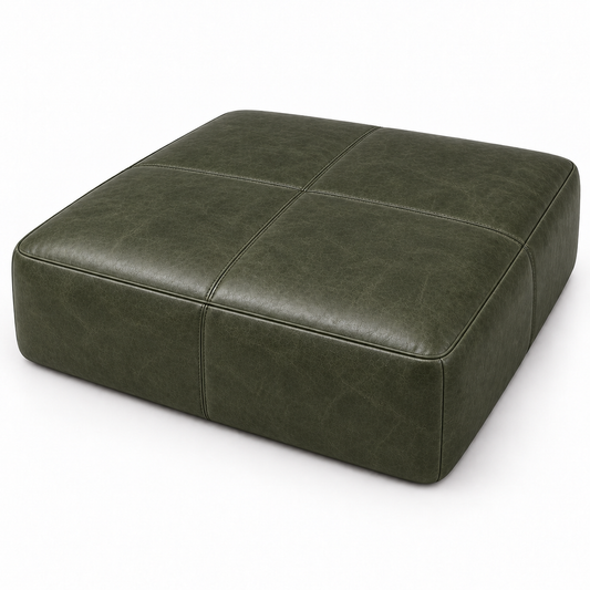 Puff Tamanho Gigante 1,20 × 1,20 m em Couro Waxy Verde Oliva (Lojas, Hotéis e Salões de Eventos) em fundo branco