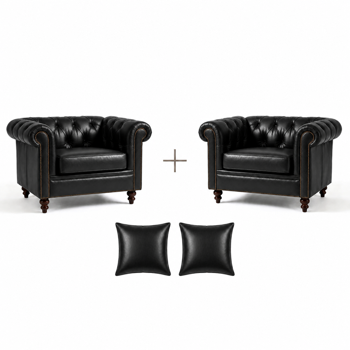 Composição de 2 Poltronas Chesterfield Preto Grafite + 2 almofadas em couro