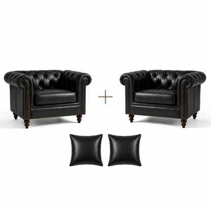 Composição de 2 Poltronas Chesterfield Preto Grafite + 2 almofadas em couro