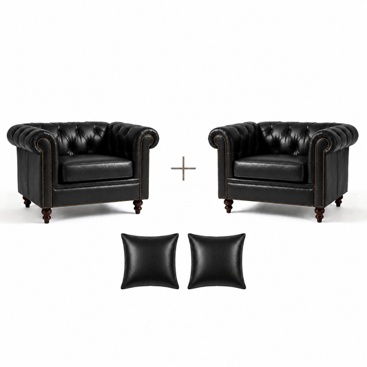 Composição de 2 Poltronas Chesterfield Preto Grafite + 2 almofadas em couro