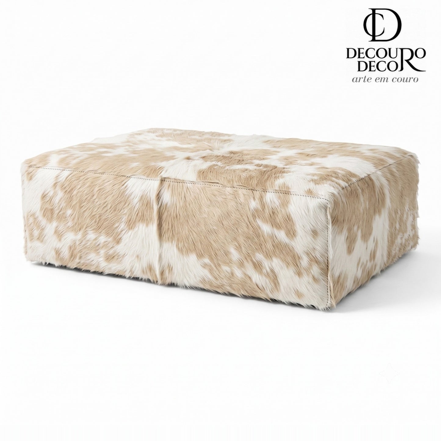 Puff de Couro Bovino 100% Natural Retangular Bege e Branco Malhado Tamanho Extra Grande 120cm x 80cm x 40cm