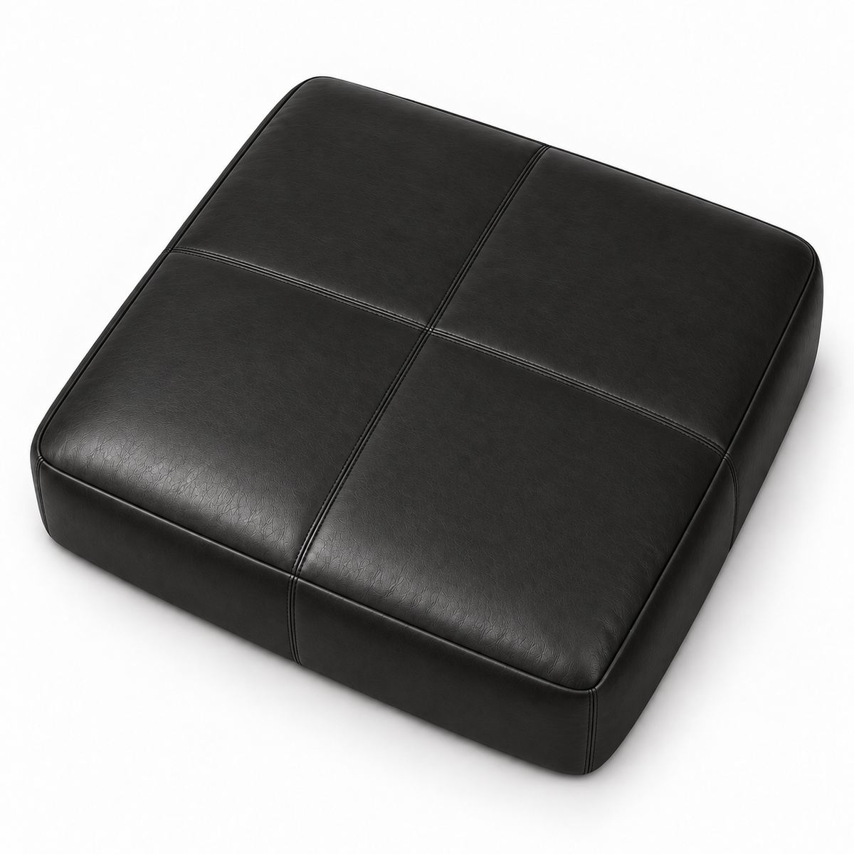 Puff Gigante 1,20 × 1,20 m em Couro Legítimo Preto, vista diagonal alta em fundo branco