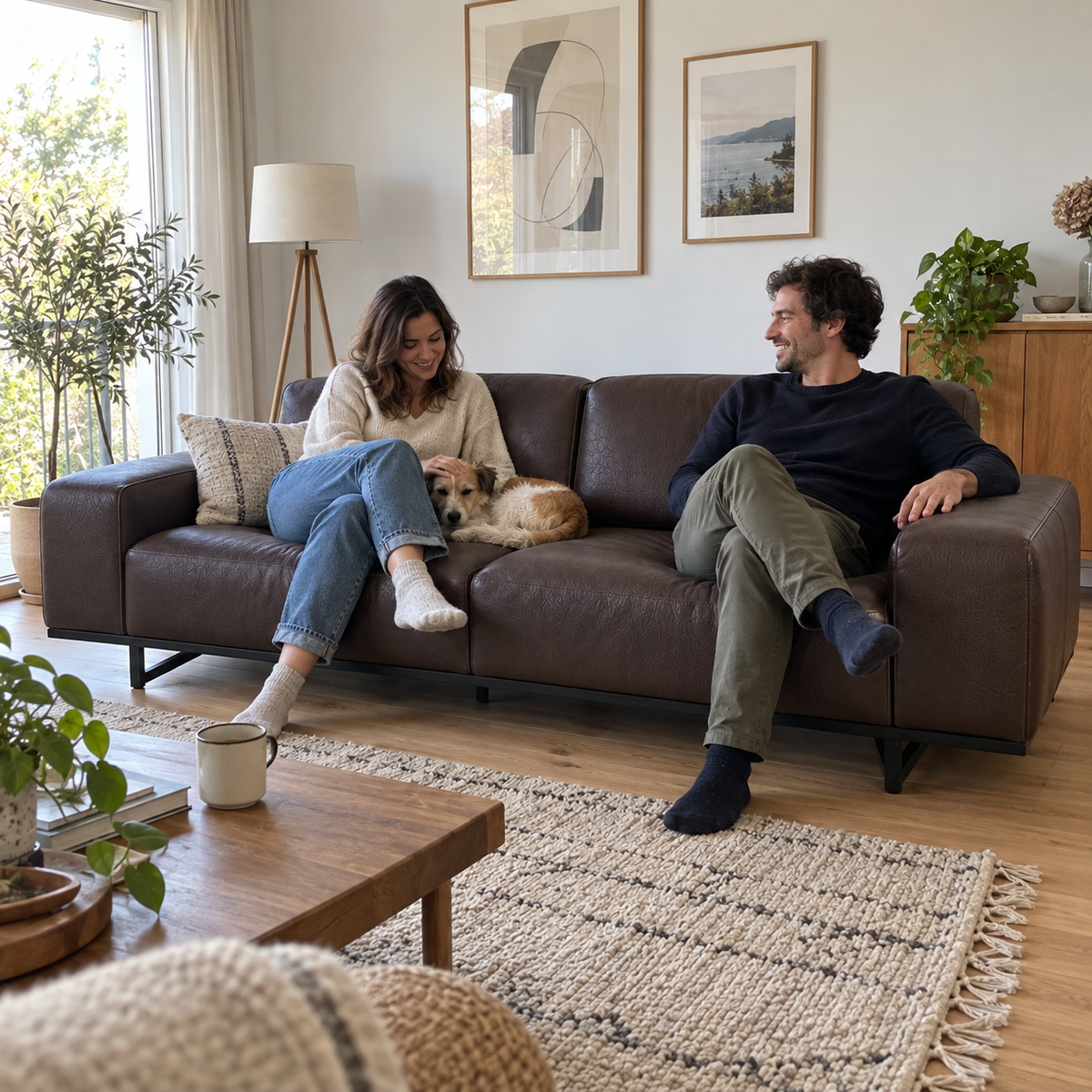Sofá Moscou Café 240 cm em sala com luz natural, casal e cachorro no sofá