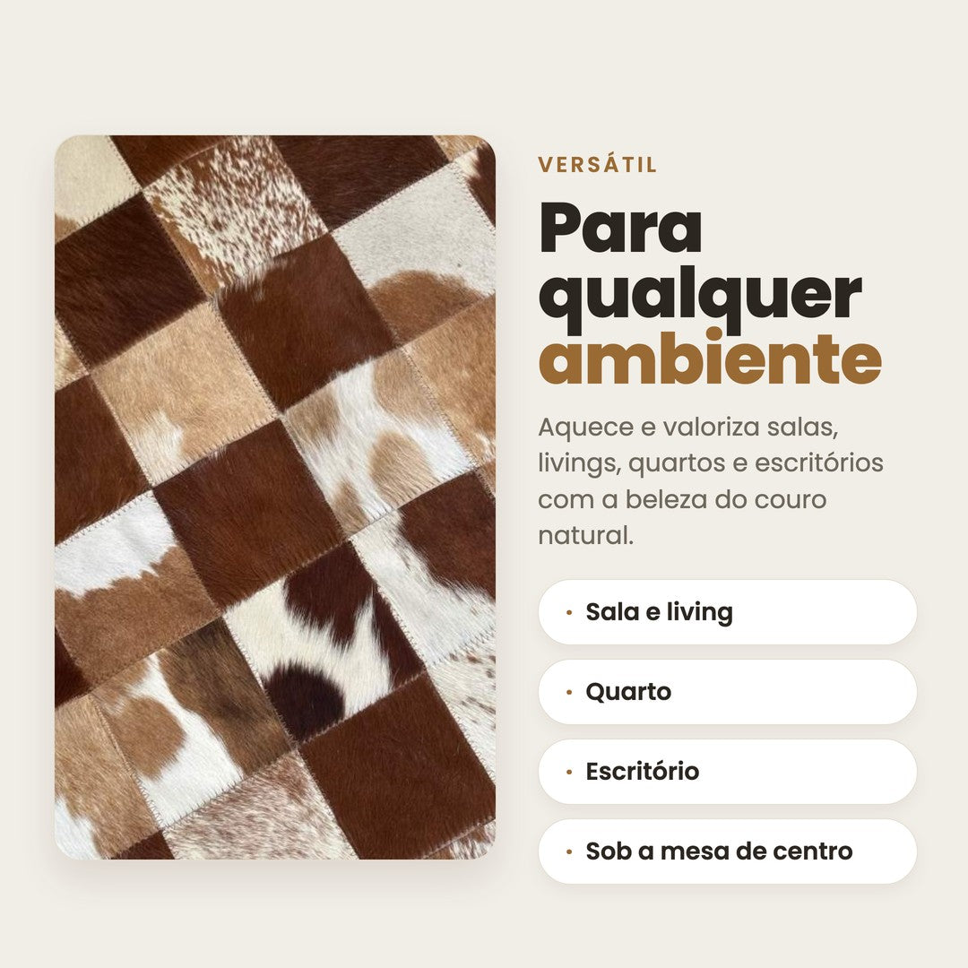 DECOURO · Tapete de Couro Quadriculado Marrom e Branco — Versatilidade