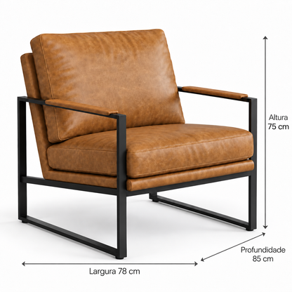 Dimensões da Poltrona Lyra Caramelo Dourado em Couro Legítimo e Aço Carbono | DECOURO: 78 cm de largura, 85 cm de profundidade e 75 cm de altura