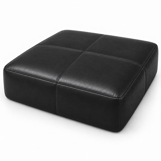 Puff Tamanho Gigante 1,20 × 1,20 m em Couro Legítimo Preto (Lojas, Hotéis e Salões de Eventos) em fundo branco
