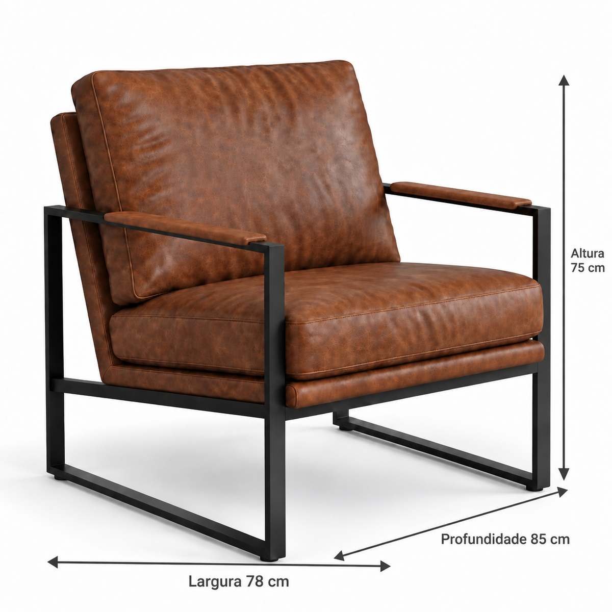 Dimensões da Poltrona Lyra Tabaco Envelhecido em Couro Legítimo e Aço Carbono | DECOURO: 78 cm de largura, 85 cm de profundidade e 75 cm de altura