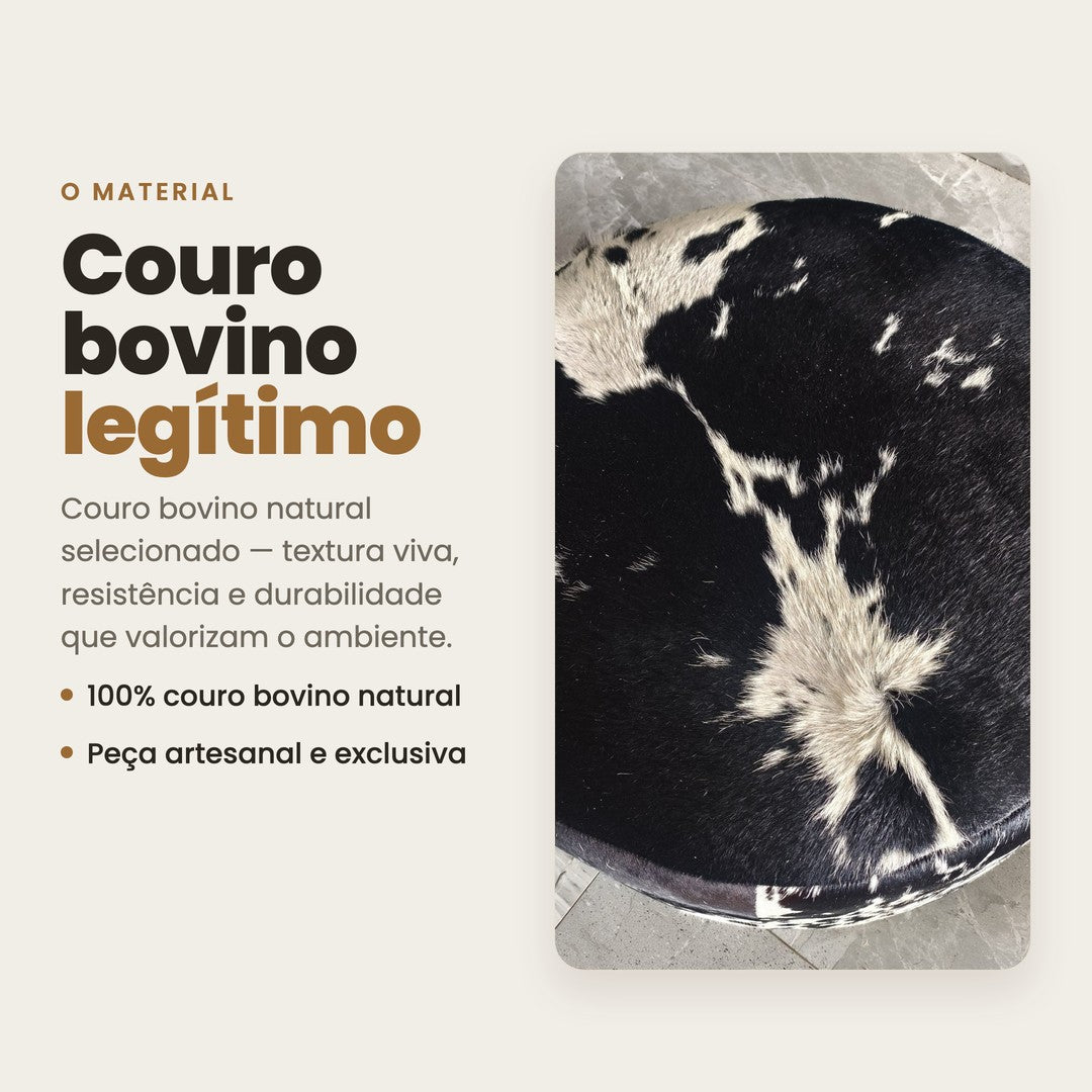DECOURO · Puff Redondo em Couro Bovino Natural Salino Preto e Branco — Tamanho Grande (80 x 40 cm) PRONTA ENTREGA — Material