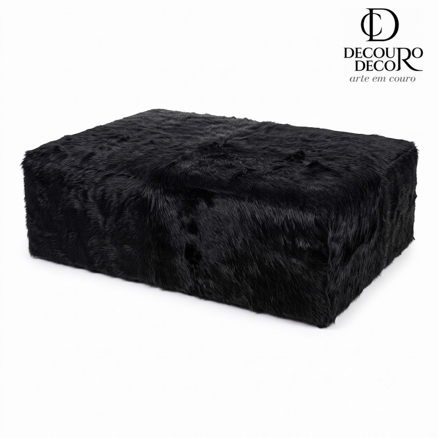Puff de Couro Bovino Brilhoso 100% Natural Retangular Preto Pelo Longo Tamanho Extra Grande 1.20m x 80cm x 40cm