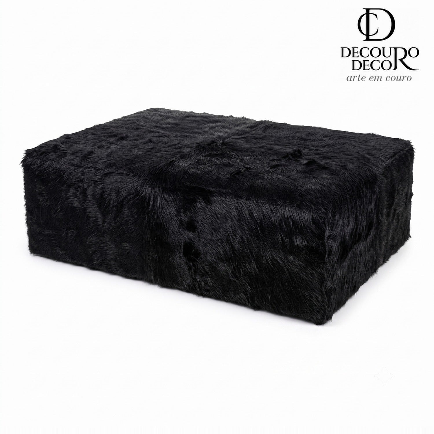 Puff de Couro Bovino Brilhoso 100% Natural Retangular Preto Pelo Longo Tamanho Extra Grande 1.20m x 80cm x 40cm