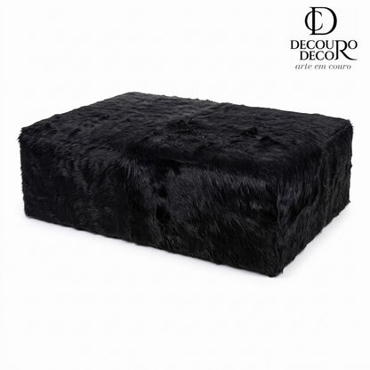 Puff de Couro Bovino Brilhoso 100% Natural Retangular Preto Pelo Longo Tamanho Extra Grande 1.20m x 80cm x 40cm