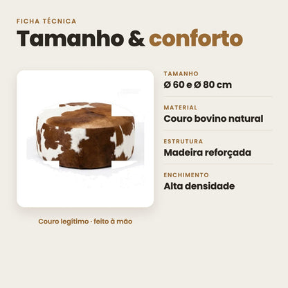 DECOURO · Puff Redondo em Couro Bovino Natural - Marrom e Branco Malhado Linha Premium — Características