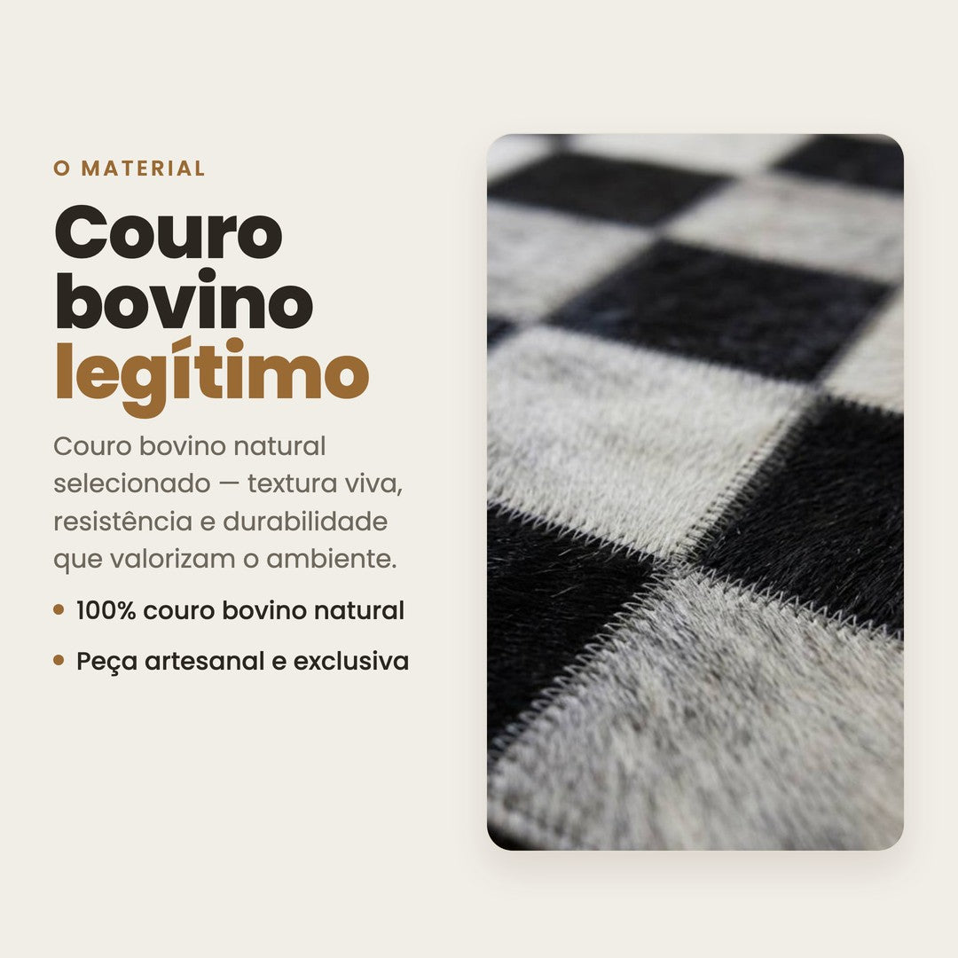 DECOURO · Tapete Xadrez - Preto e Branco Módulo 10x10 cm em Couro Legítimo — Material