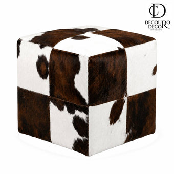 Puff Montana em Pelo Natural Bovino — Marrom e Branco