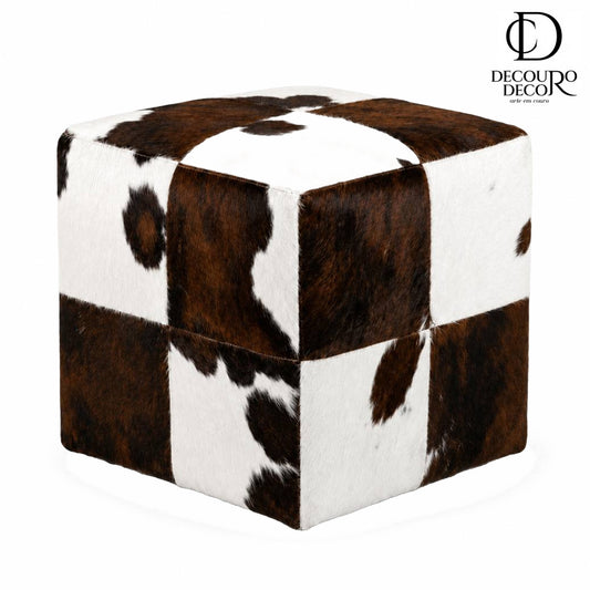 Puff Montana em Pelo Natural Bovino — Marrom e Branco