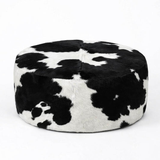 Puff Redondo em Couro Bovino Natural - Preto e Branco