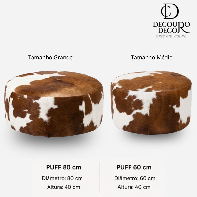 Puff Redondo em Couro Bovino Natural - Marrom e Branco Malhado Linha Premium