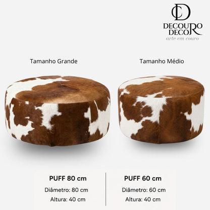Puff Redondo em Couro Bovino Natural - Marrom e Branco Malhado Linha Premium