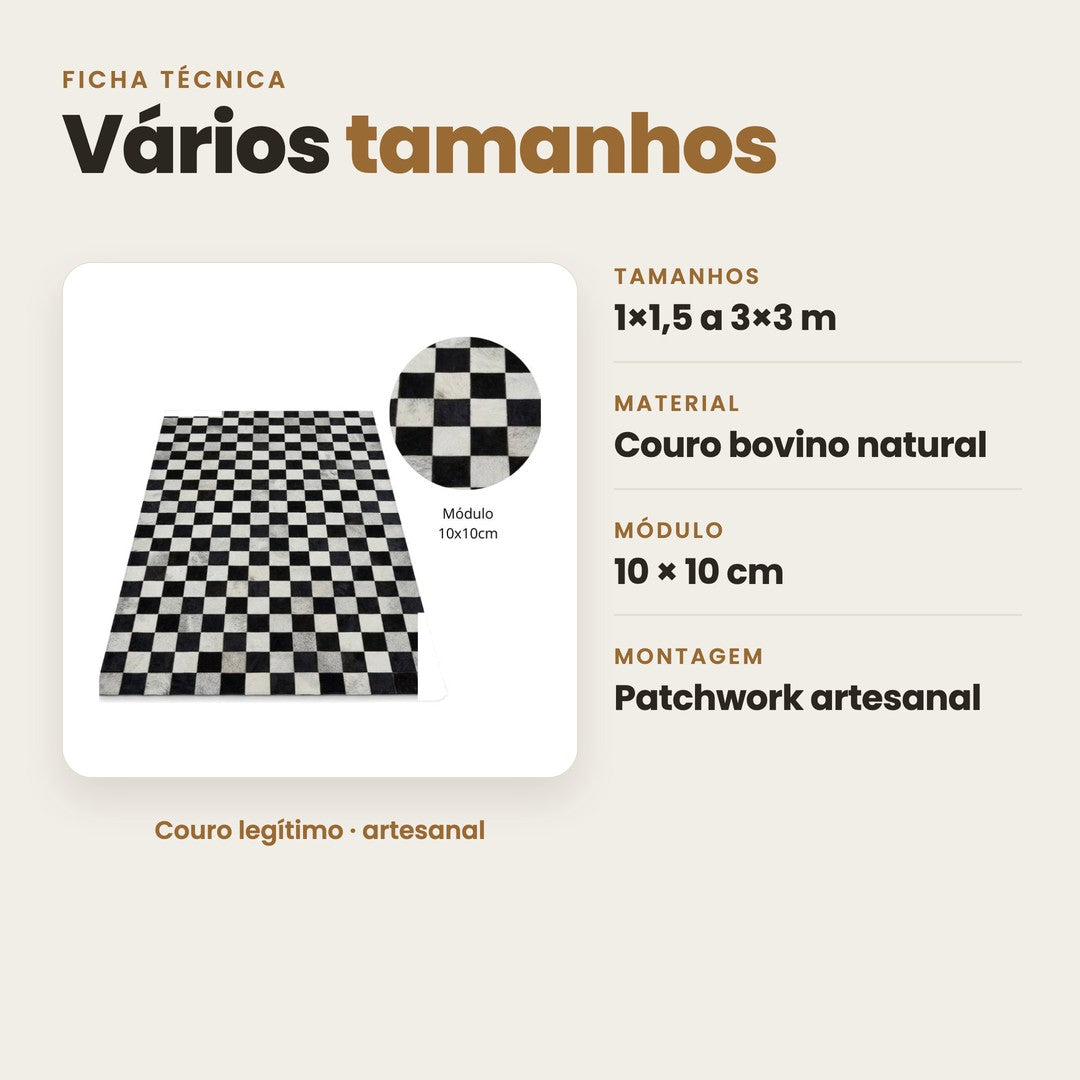 DECOURO · Tapete Xadrez - Preto e Branco Módulo 10x10 cm em Couro Legítimo — Características
