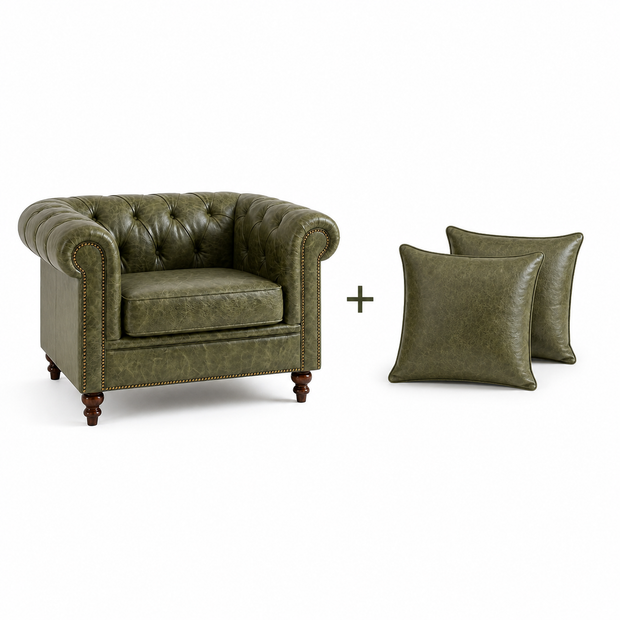 Poltrona Inglesa Chesterfield Verde Esmeralda em Couro Premium (Texturizado) — versão Poltrona + 2 Almofadas